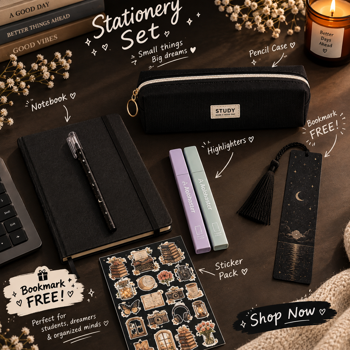 Cute aesthetic stationary bundle black
