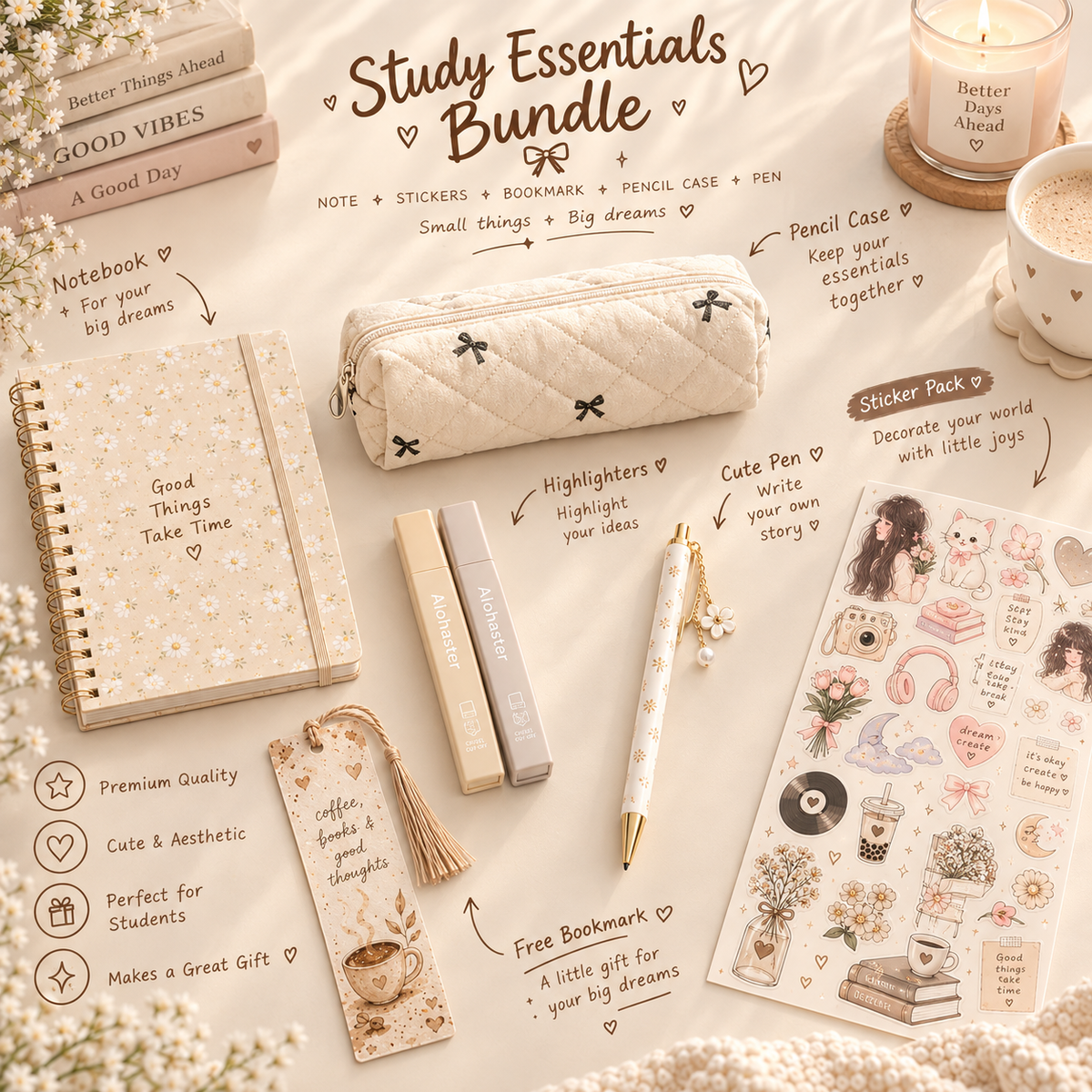 Cute aesthetic stationary bundle cream 