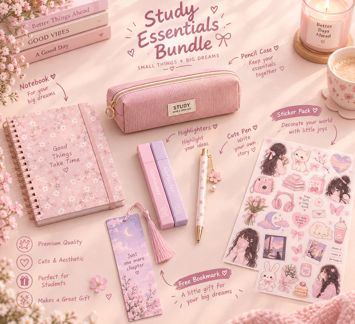 Cute aesthetic stationary bundle pink